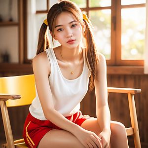 Young woman in pigtails sitting in cozy room