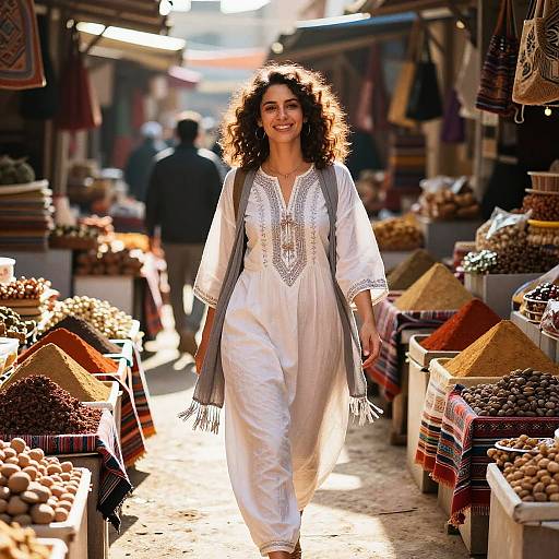 Woman in White Bohemian Dress Walking Through Vibrant Spice Market