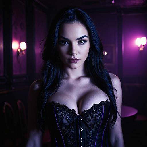 Elegant Woman in Black Lace Corset with Purple Ambient Lighting