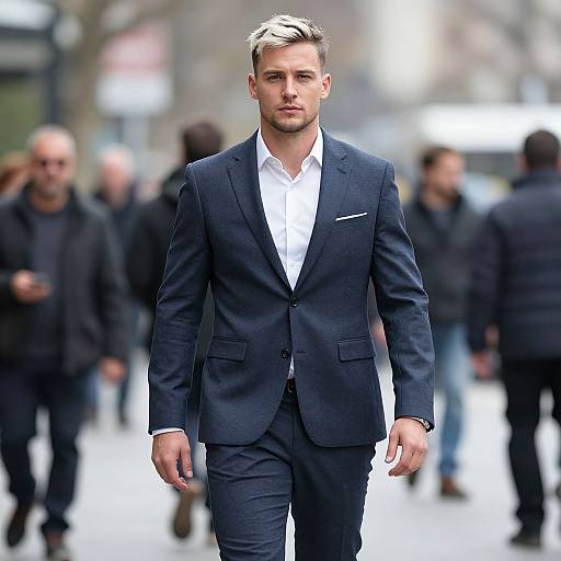 Confident Young Man Walking in Navy Blue Suit on City Street