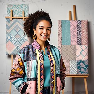 Confident Woman in Colorful Jacket with Abstract Art