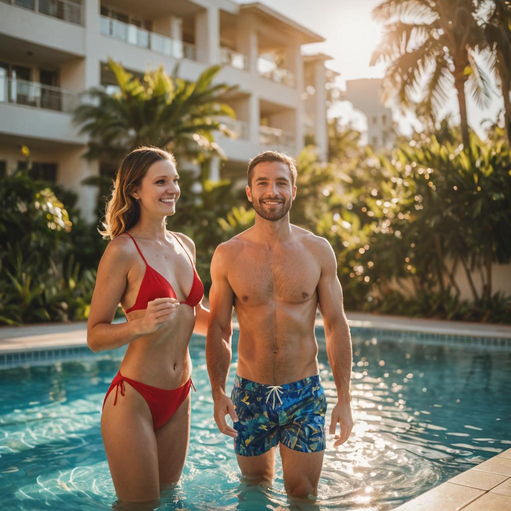 Cheerful couple by the pool on a sunny day