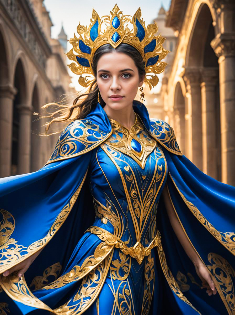 Regal Woman in Blue and Gold Costume