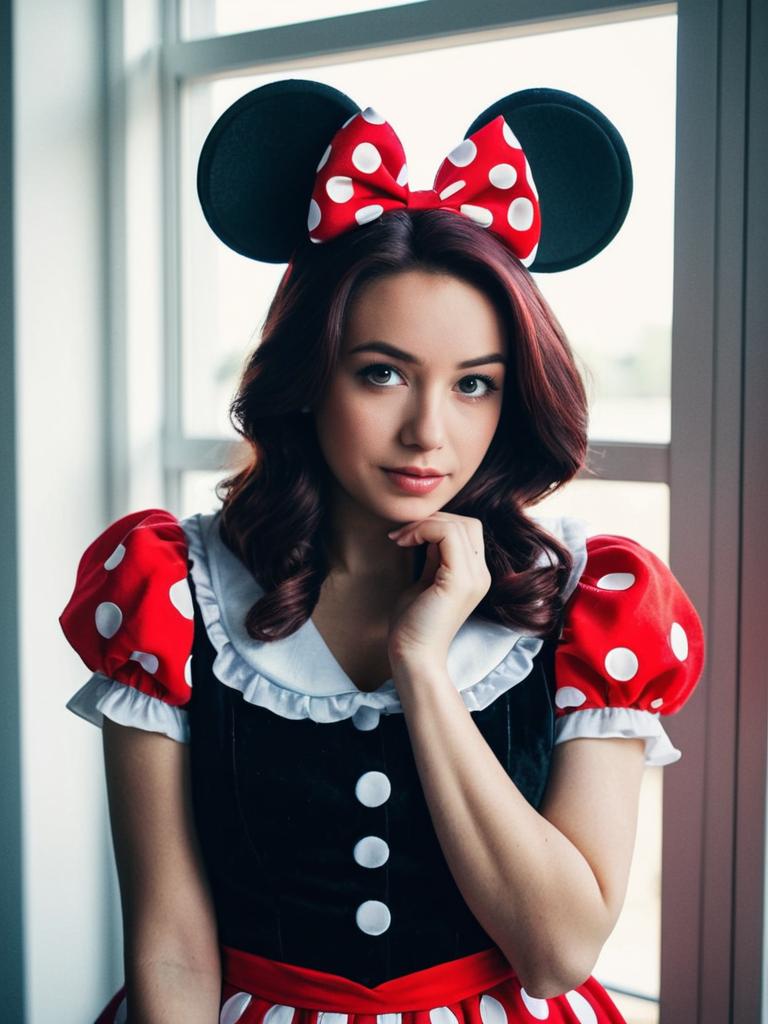 Photorealistic Woman in Minnie Mouse Costume Cosplay Portrait