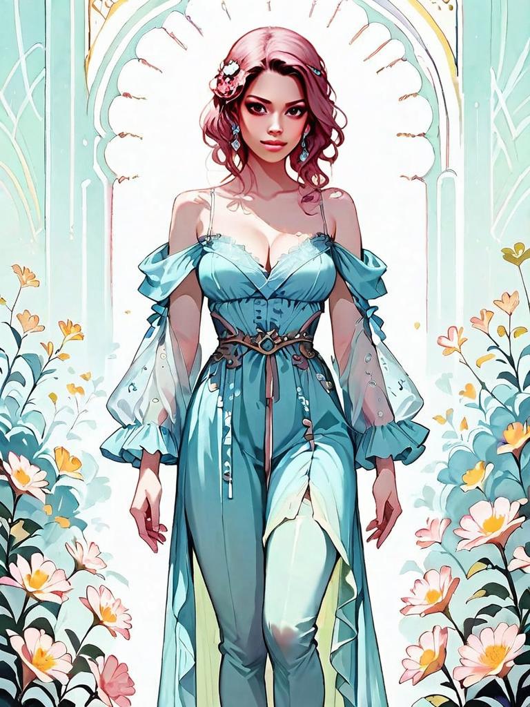 Elegant Fantasy Woman in Blue Dress Digital Artwork with Floral Background