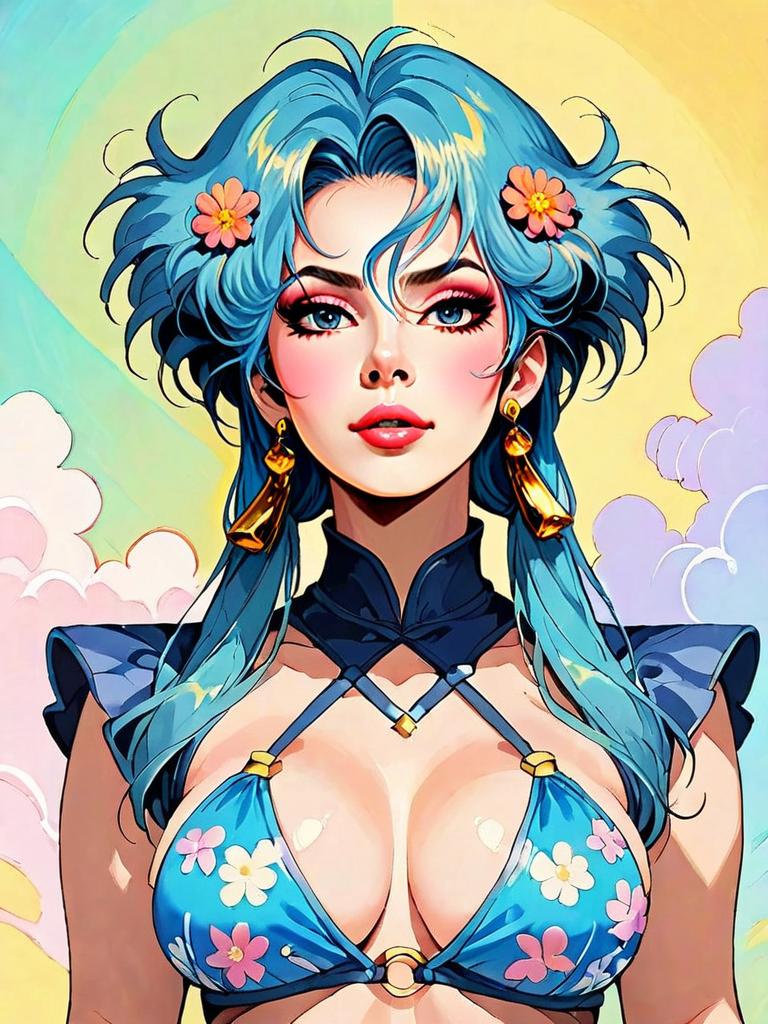 Anime Style Woman with Blue Hair and Floral Bikini Top - Digital Fantasy Illustration
