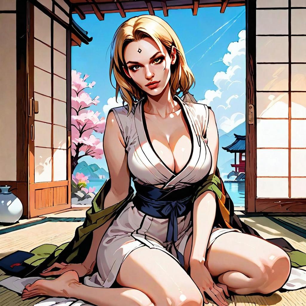Blonde Woman in Traditional Japanese Room with Cherry Blossoms Anime Style