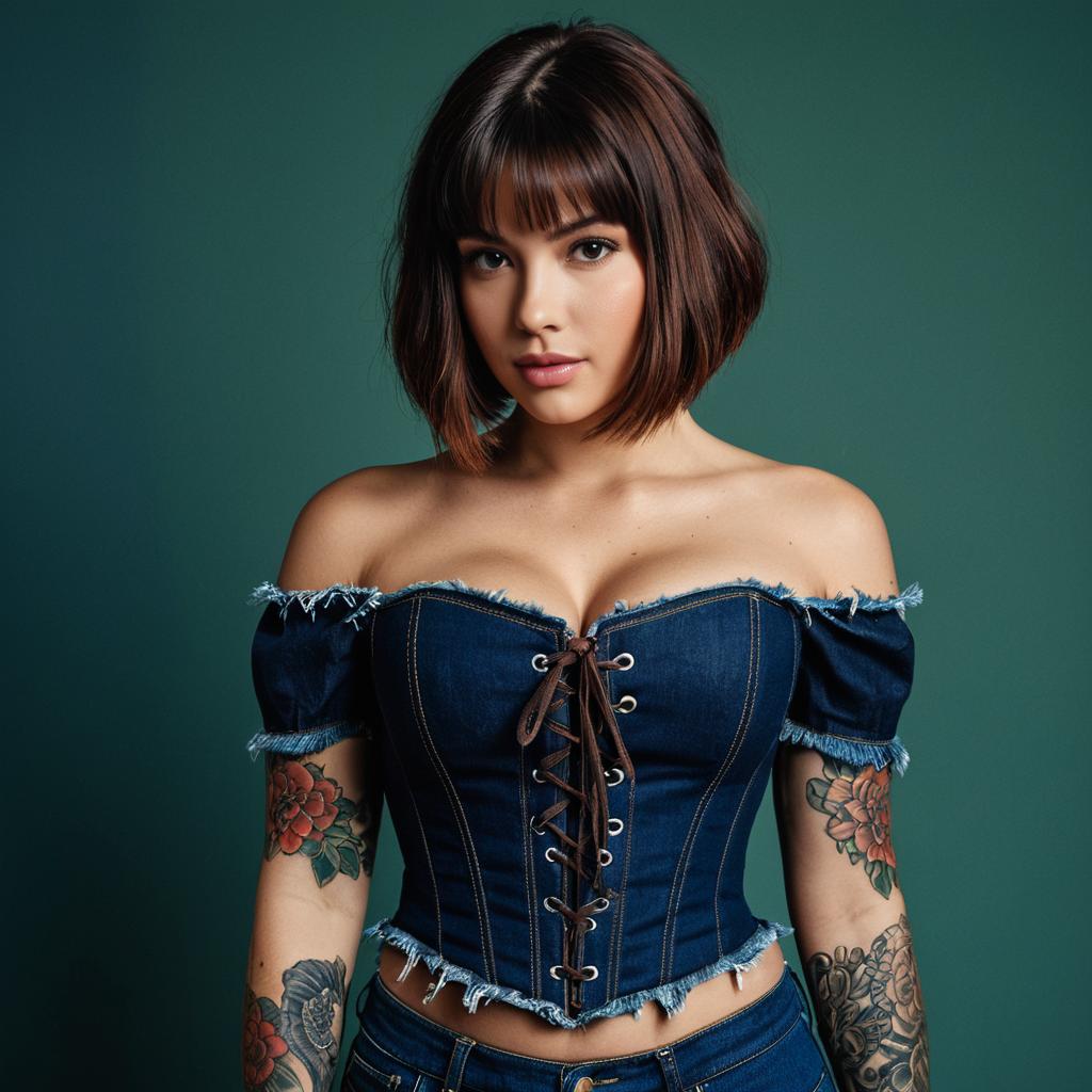 Young Woman in Denim Corset Top with Tattoos Standing Against Green Background