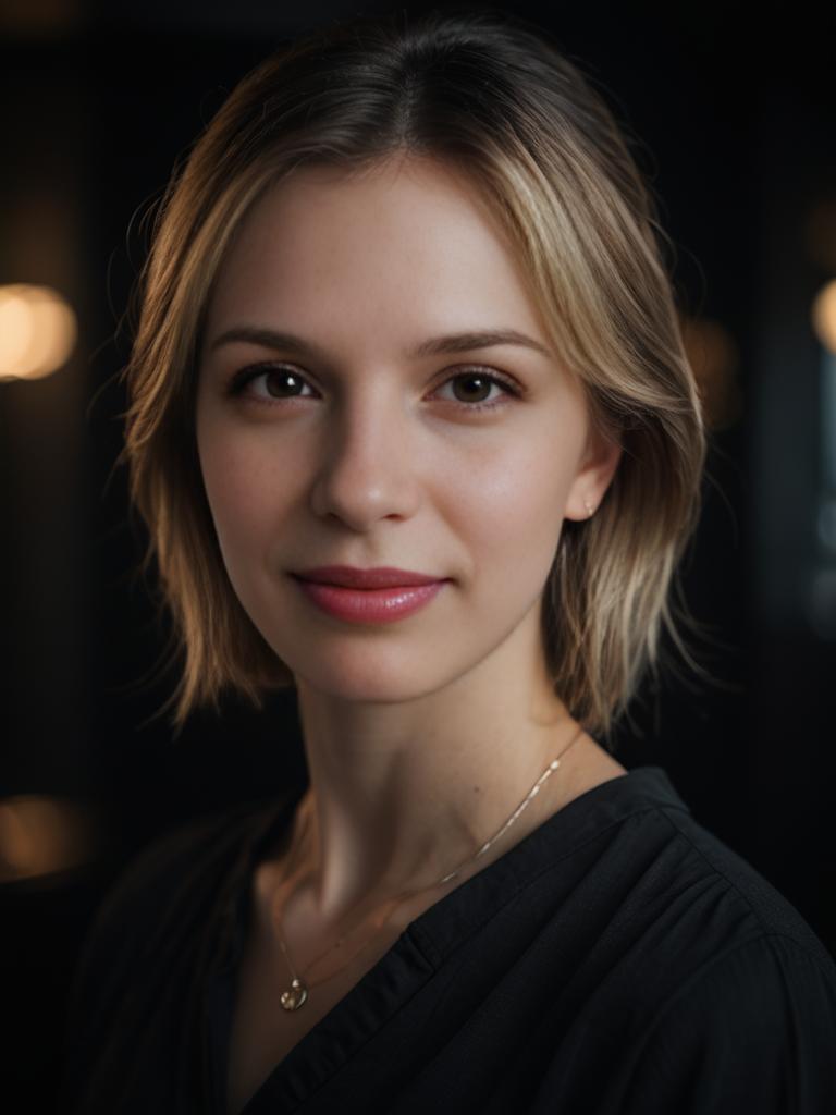 Blonde woman with warm smile in soft lighting