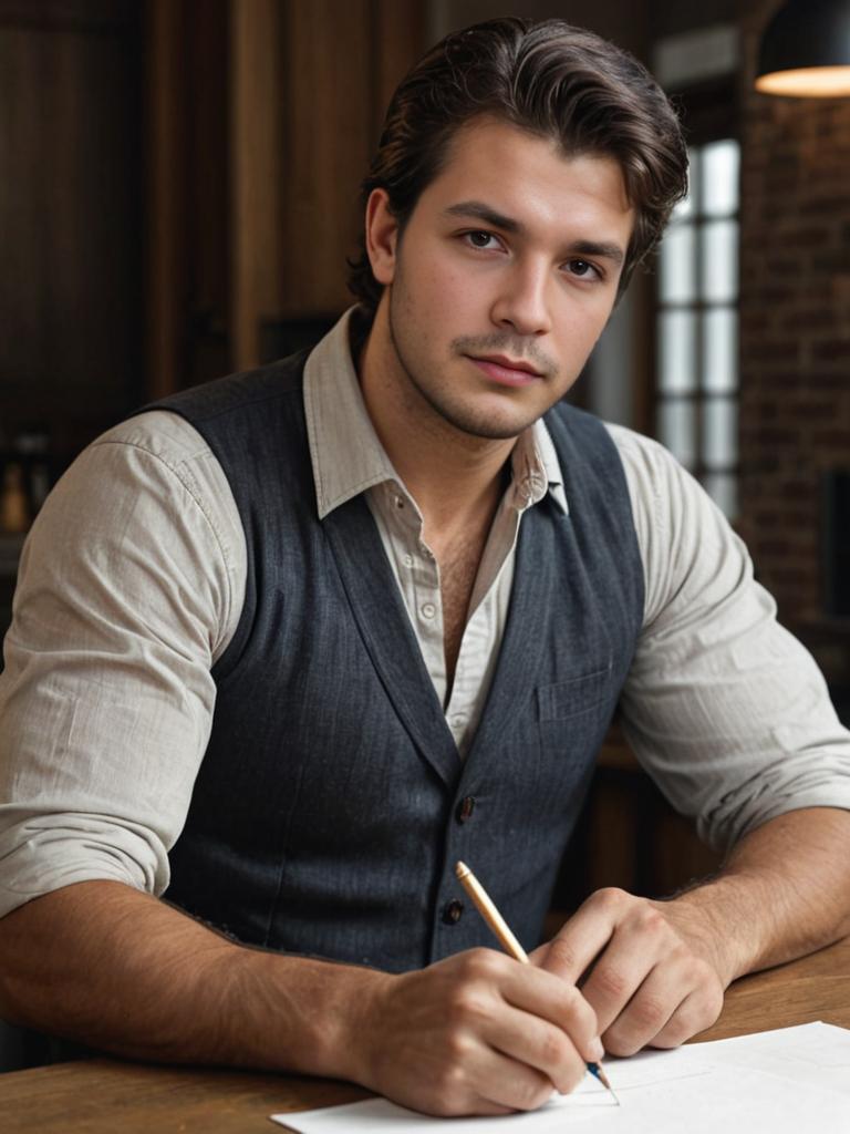 Casual man with pencil at table