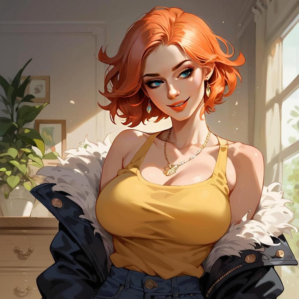 Confident Red-Haired Woman in Mustard Tank Top – Anime Style Digital Illustration