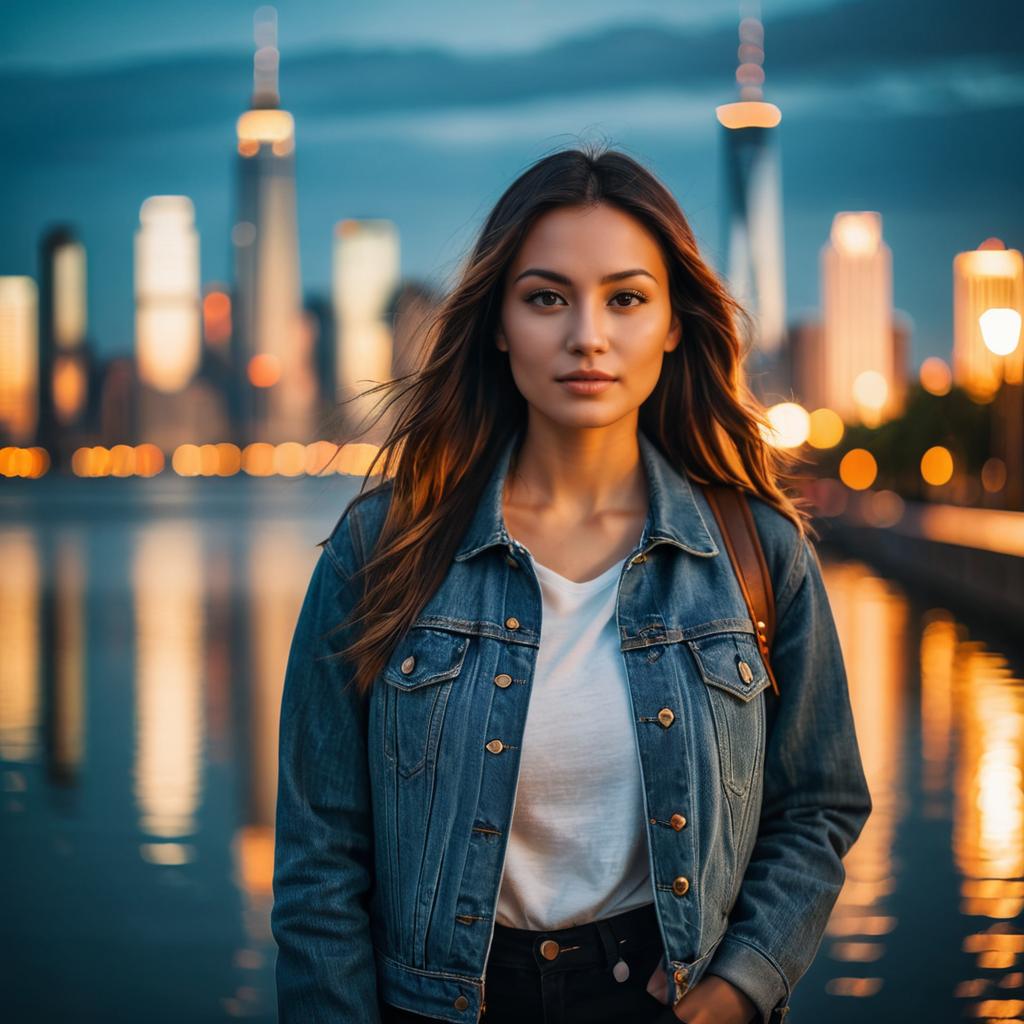 Young Woman in Denim Jacket with Urban Twilight Skyline Background