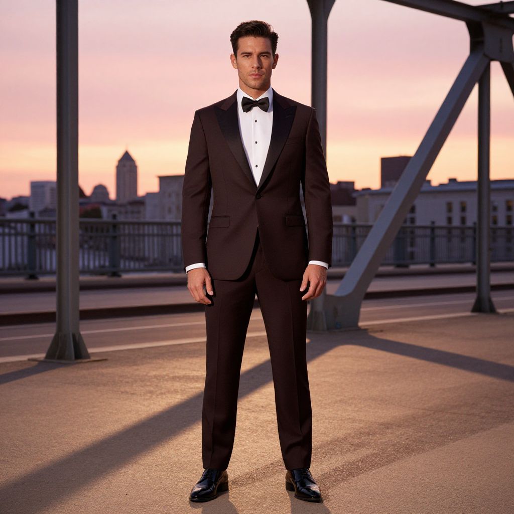 Man in Classic Black Tuxedo During Urban Sunset