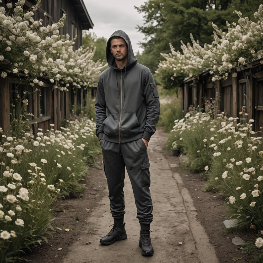 Man in Stylish Gray Tracksuit Surrounded by Flowers