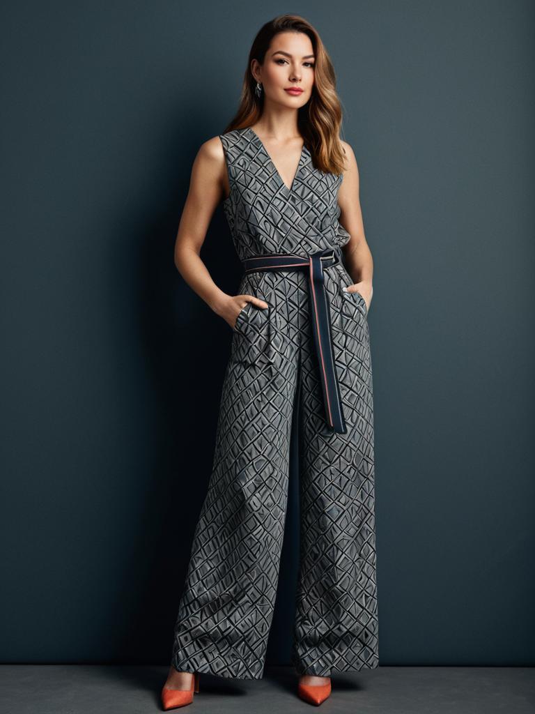 Stylish Woman in Patterned Grey Sleeveless Jumpsuit with Belt