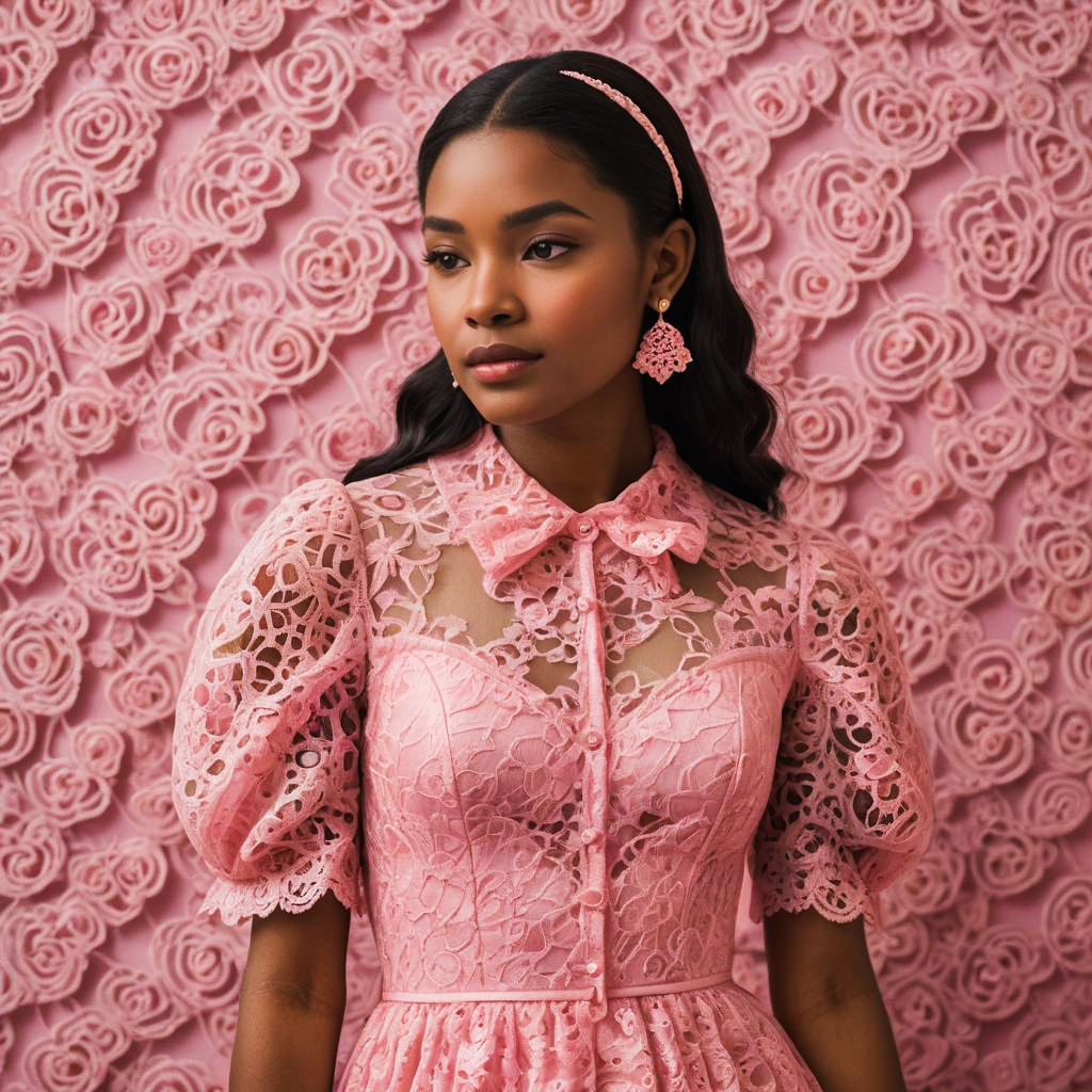 Elegant Woman in Lace Dress Against Pink Rose Backdrop