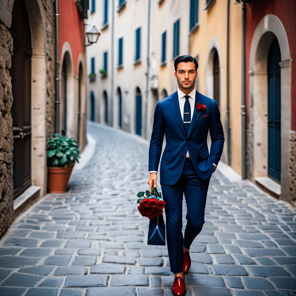 Dapper Man in Blue Suit with Roses on Cobblestone Street