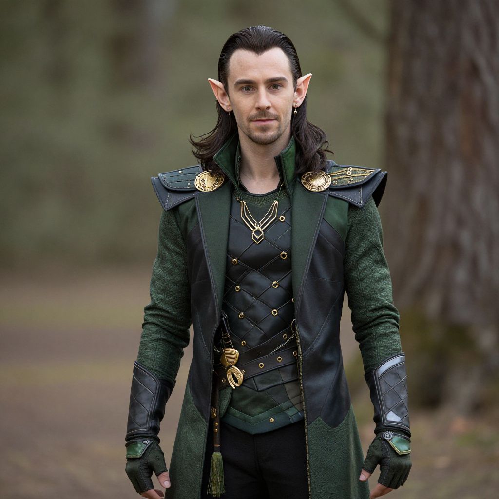 Fantasy Elf Man in Green Leather Armor Costume Outdoors