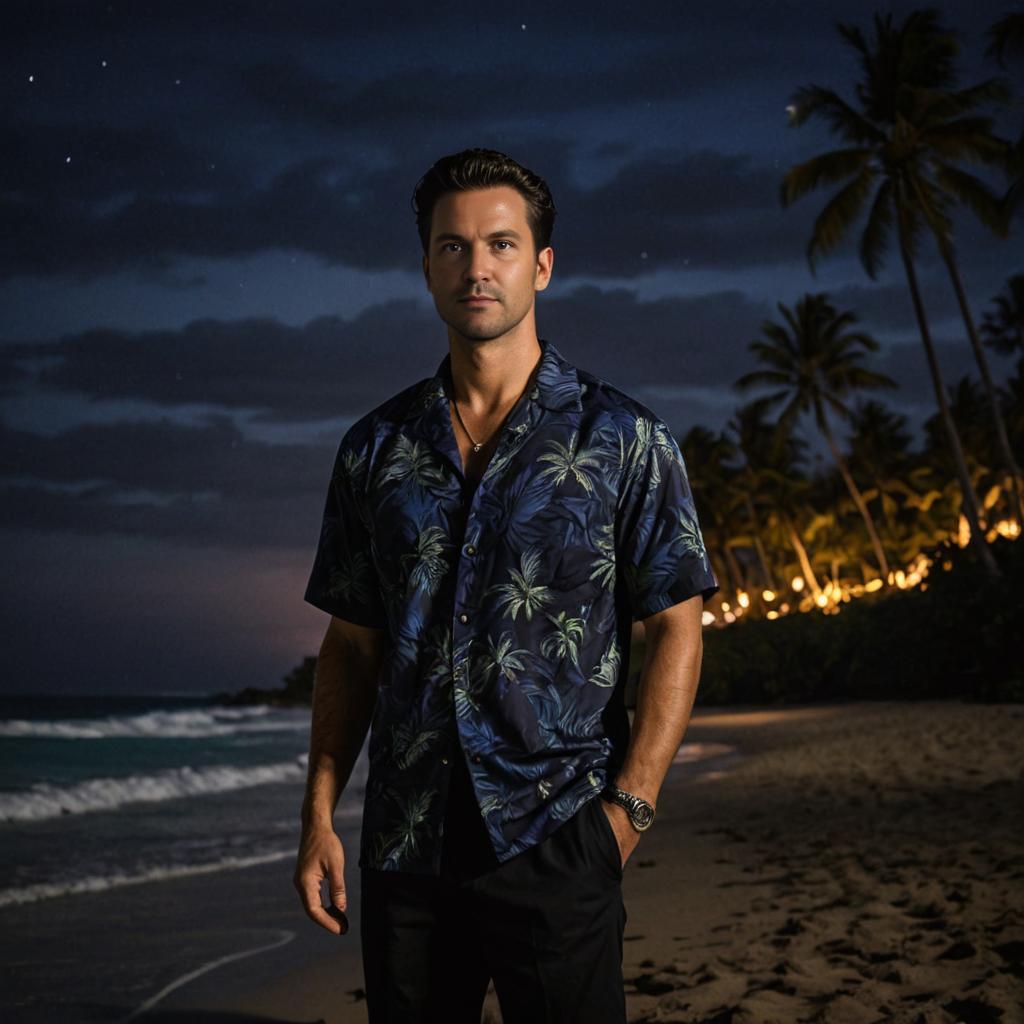 Man on Beach at Twilight in Tropical Shirt