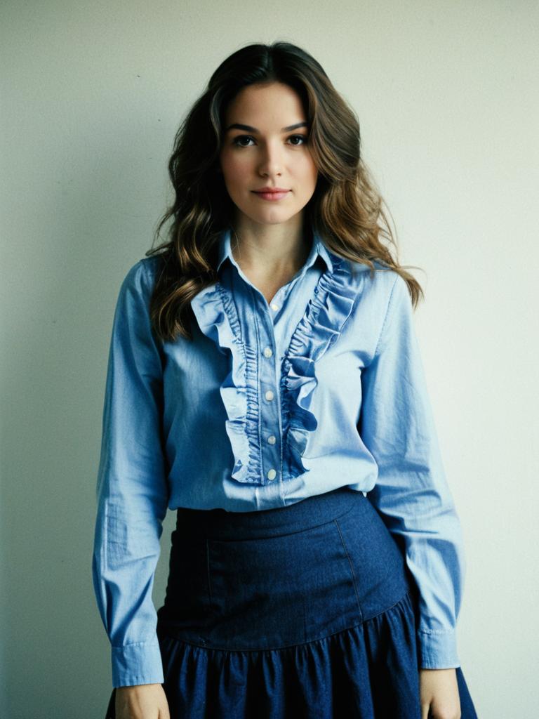 Elegant Young Woman Wearing Blue Ruffled Blouse and Skirt