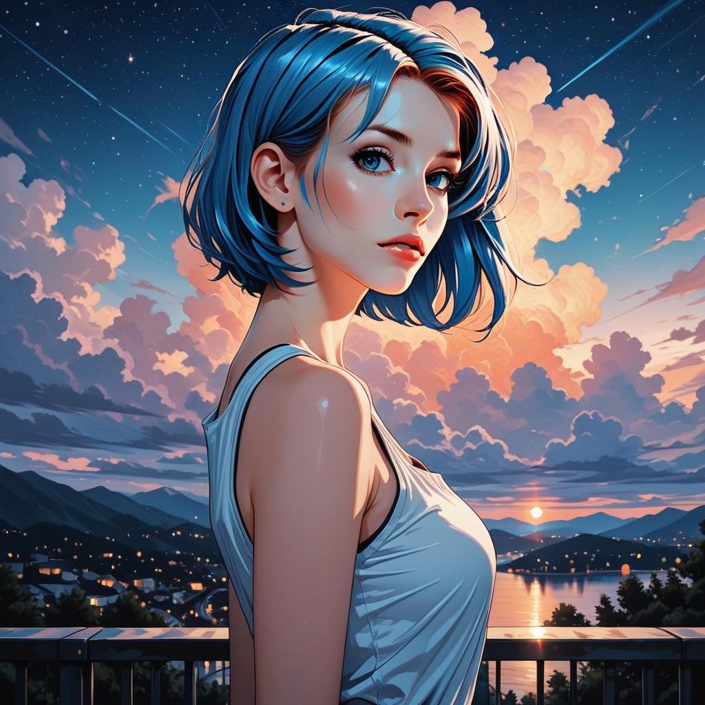 Anime Woman with Blue Hair at Sunset