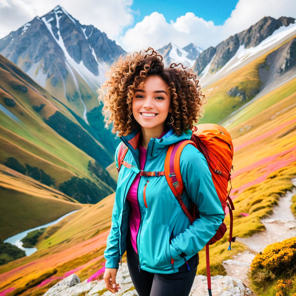 Joyful Woman Hiking in Mountains