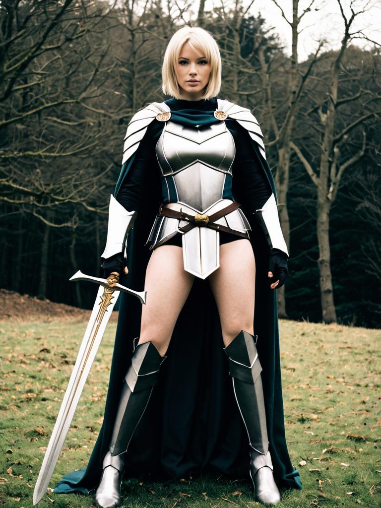 Blonde Woman in Silver Medieval Armor Warrior Costume with Sword