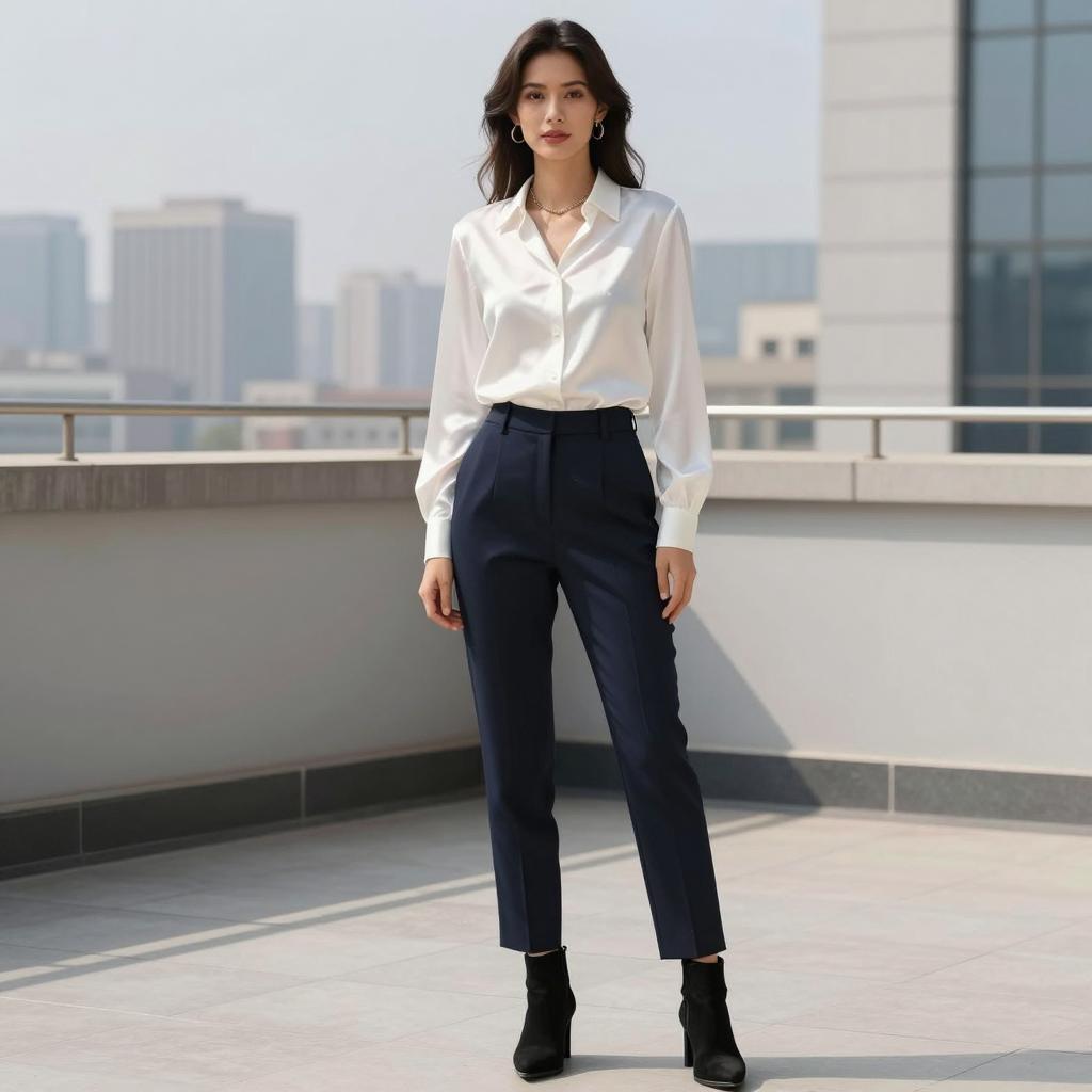 Young Woman in Gen Z Fashion Silky Blouse and Navy Trousers on Rooftop