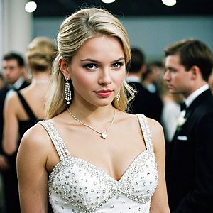Blonde Woman in Elegant White Dress at Formal Event