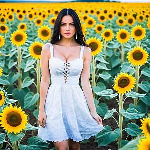 Woman in White Lace Dress Among Sunflowers