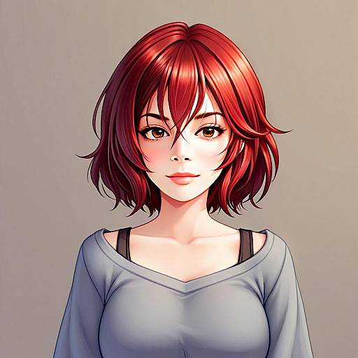 Murakami Tomoe Style Digital Portrait of Red-Haired Woman in Casual Outfit