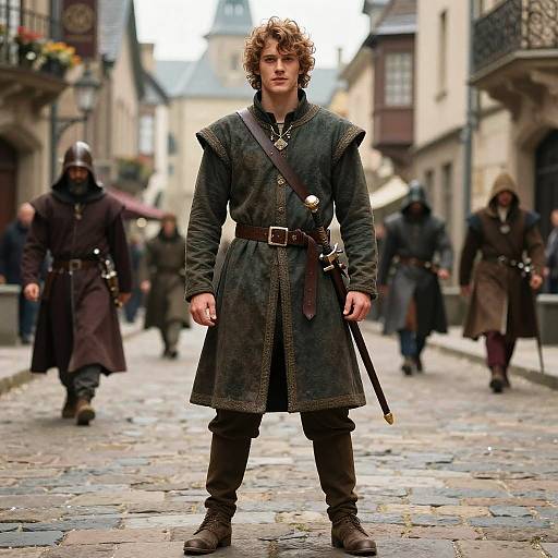 Medieval Male Prince Thief in Period Costume on Historic Street