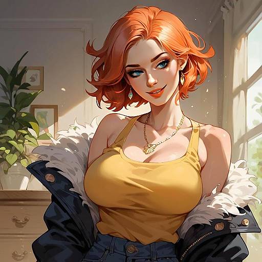 Confident Red-Haired Woman in Mustard Tank Top – Anime Style Digital Illustration