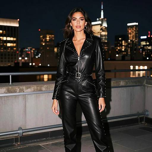 Woman in Black Leather Jumpsuit on Urban Rooftop Night