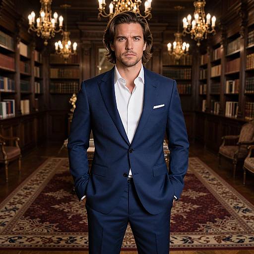 Confident Man in Navy Blue Suit in Luxurious Classic Library