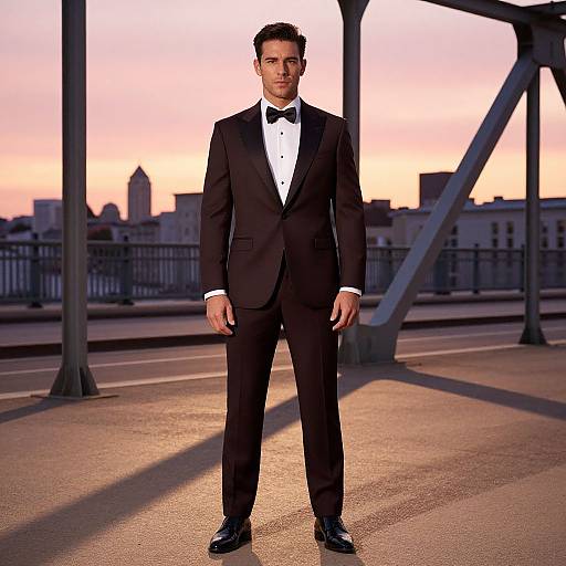 Man in Classic Black Tuxedo During Urban Sunset
