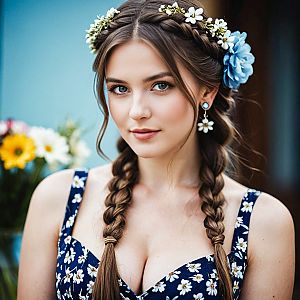 Young Woman with Floral Braid in Navy Dress