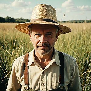 Middle Aged Man Wearing Straw Hat in Field of Tall Grass