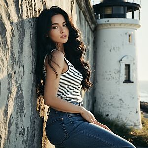 Woman Leaning on Stone Wall Near Lighthouse in Natural Light