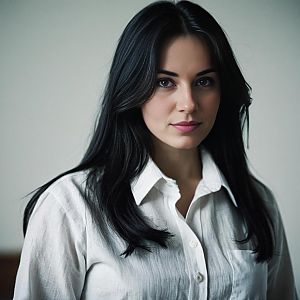 Portrait of a Young Woman Wearing White Shirt with Dark Hair