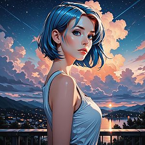 Anime Woman with Blue Hair at Sunset