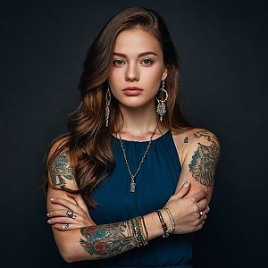 Confident Woman with Tattoos in Elegant Blue Dress