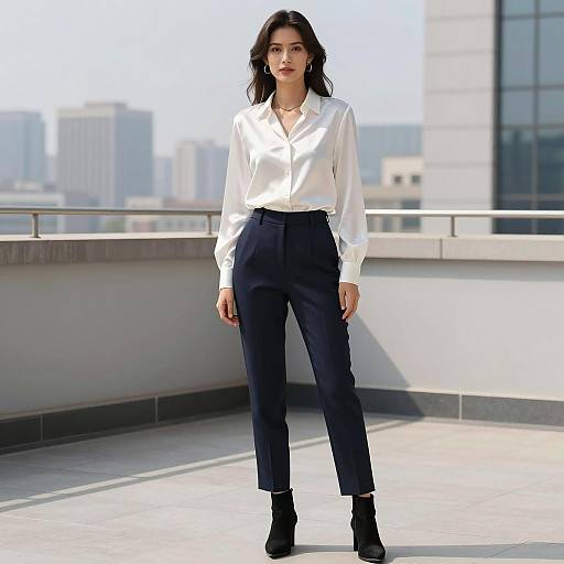 Young Woman in Gen Z Fashion Silky Blouse and Navy Trousers on Rooftop