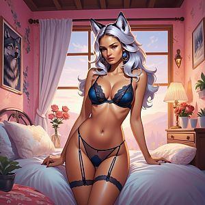 Fantasy Woman in Blue Lingerie with Wolf Ears in Cozy Bedroom Illustration