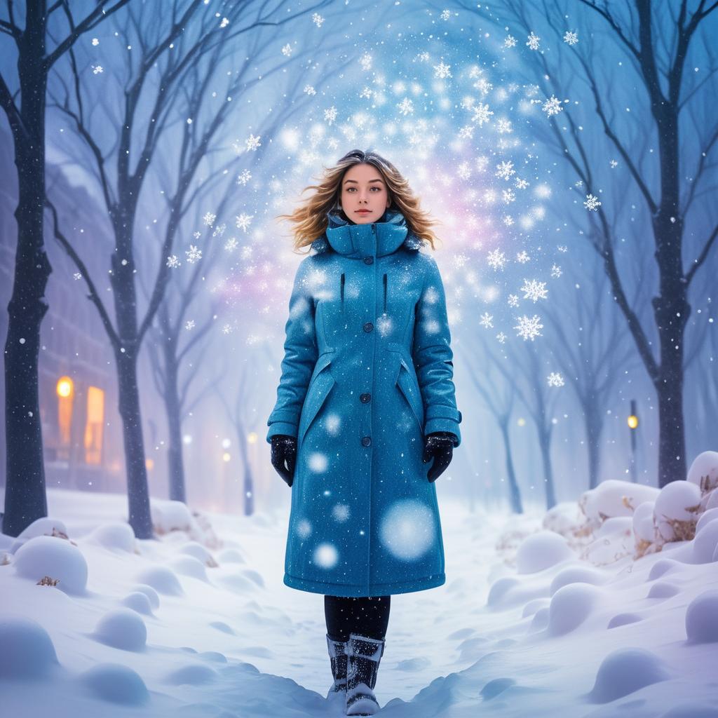 Serene Winter Scene with Woman in Blue Coat