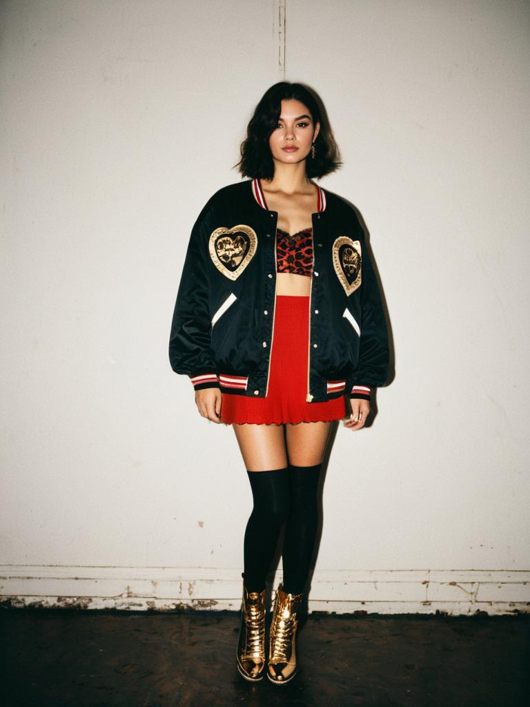 Sporty Chic Woman in Red and Black Leopard Print Mini Dress with Bomber Jacket