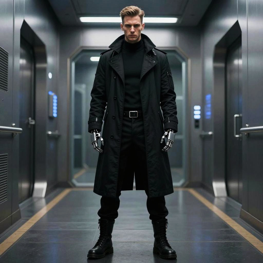 Cyberpunk Man with Robotic Hands in Futuristic Hallway