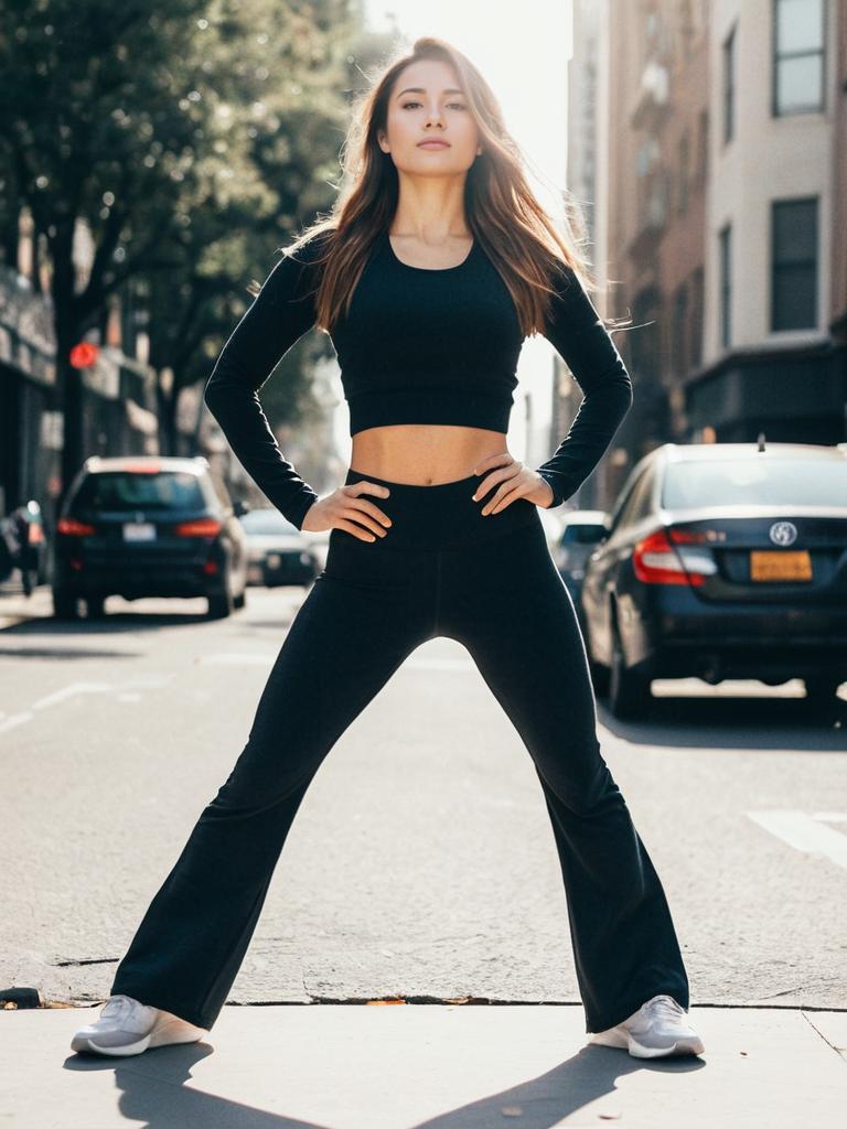 Woman in Flare Yoga Pants Outfit Candid Street Style Photo Outdoors