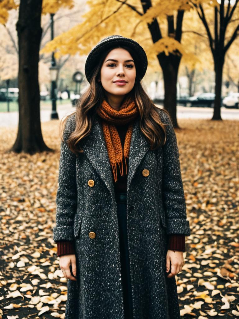 Woman in Vintage Cozy Fall Outfit in Park with Falling Leaves