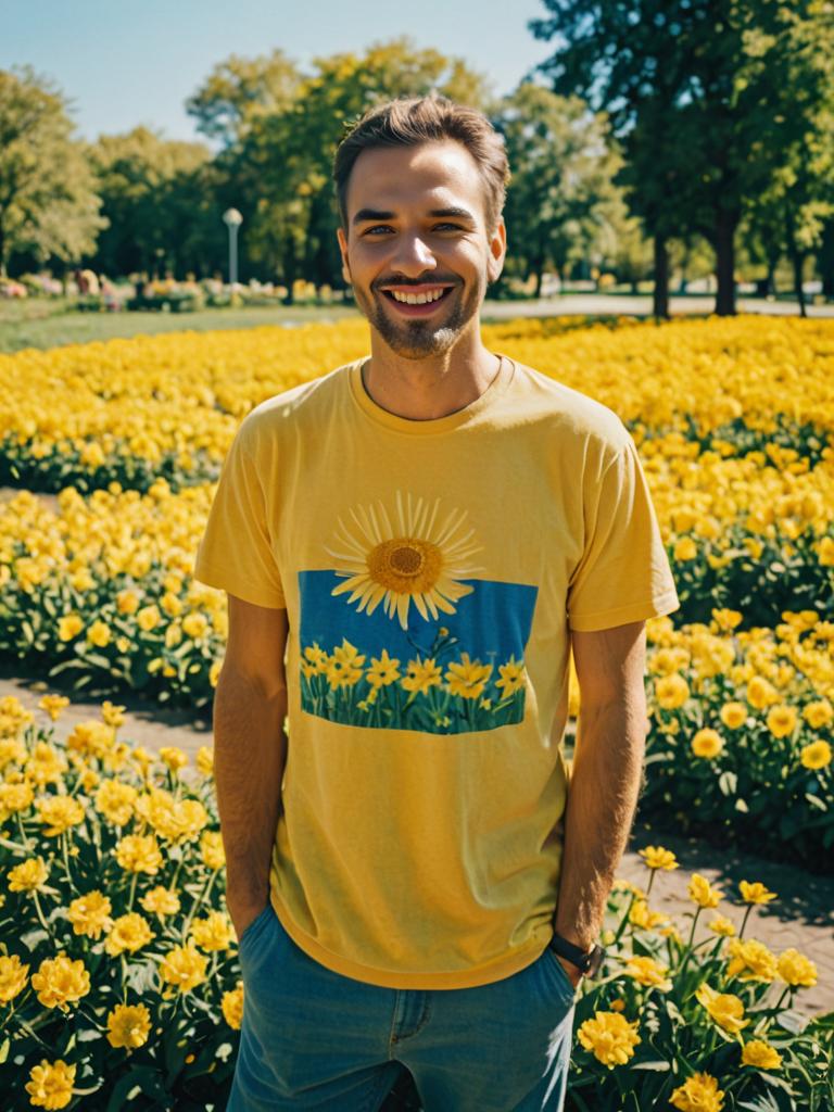 Optimistic man smiling in a field of yellow flowers